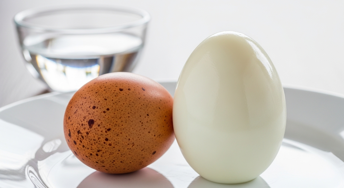 Trứng luộc bóc vỏ hoàn hảo trên đĩa trắng cạnh trứng chưa bóc, với chén giấm mờ ở hậu cảnh. Hình ảnh minh họa mẹo vặt nhà bếp giúp bóc vỏ trứng dễ dàng.