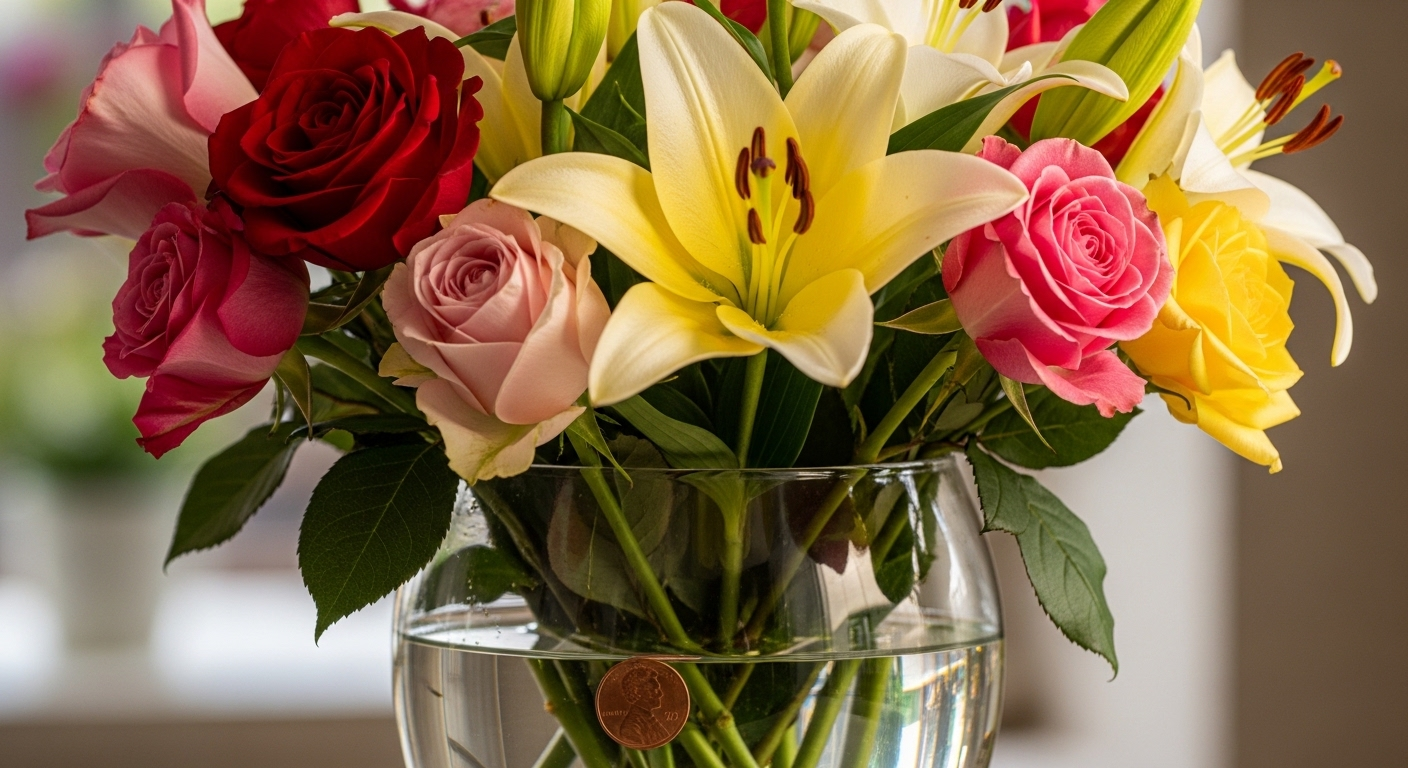 Bó hoa hồng và hoa ly tươi rực rỡ trong bình thủy tinh với đồng xu dưới đáy, minh họa mẹo vặt nội trợ giúp hoa tươi lâu.