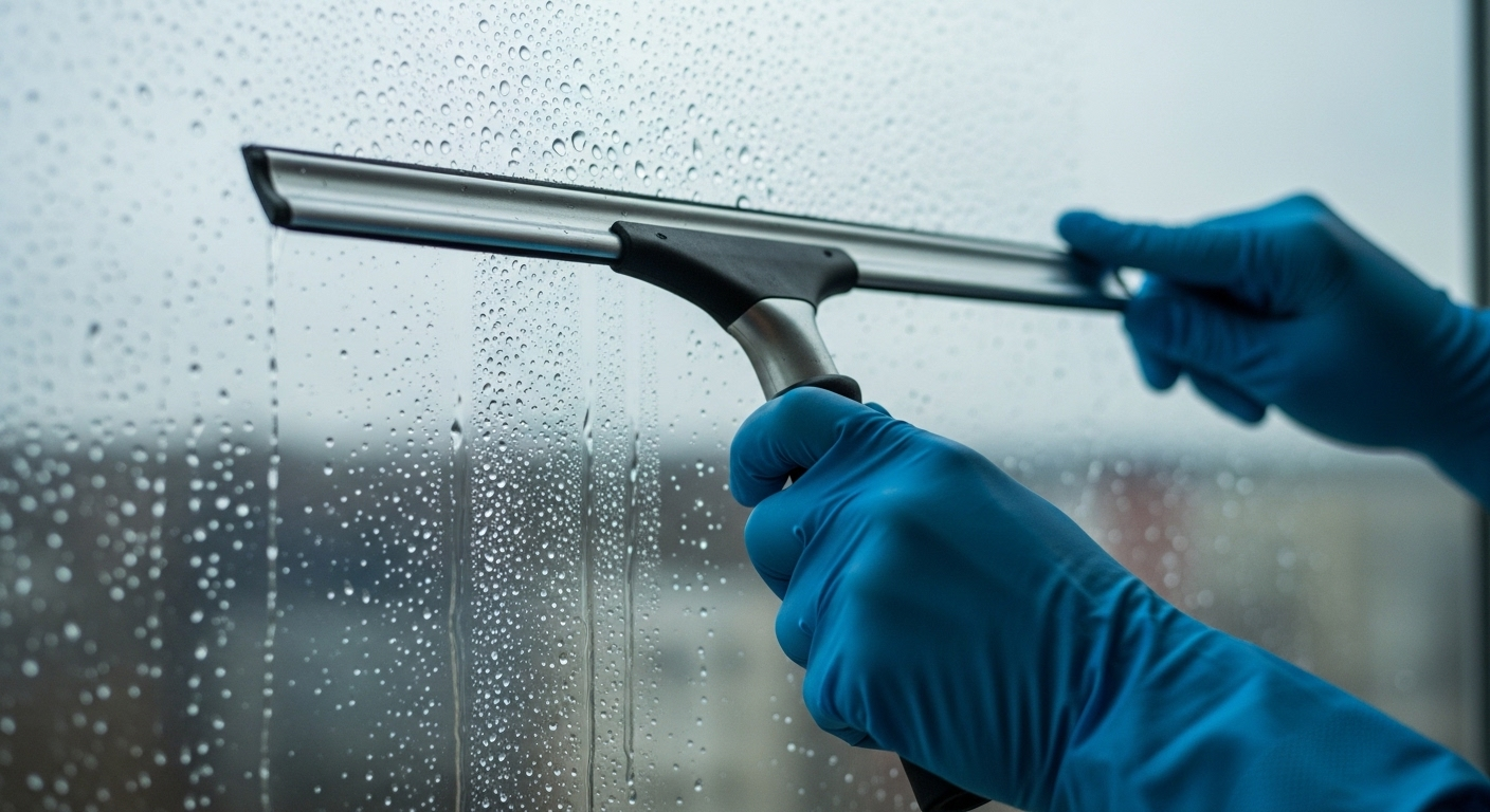 Cận cảnh bàn tay đeo găng xanh đang làm sạch cửa sổ bằng dụng cụ gạt nước, tạo bề mặt kính sạch bóng, không vệt ố. Giọt nước còn đọng trên kính ướt.
