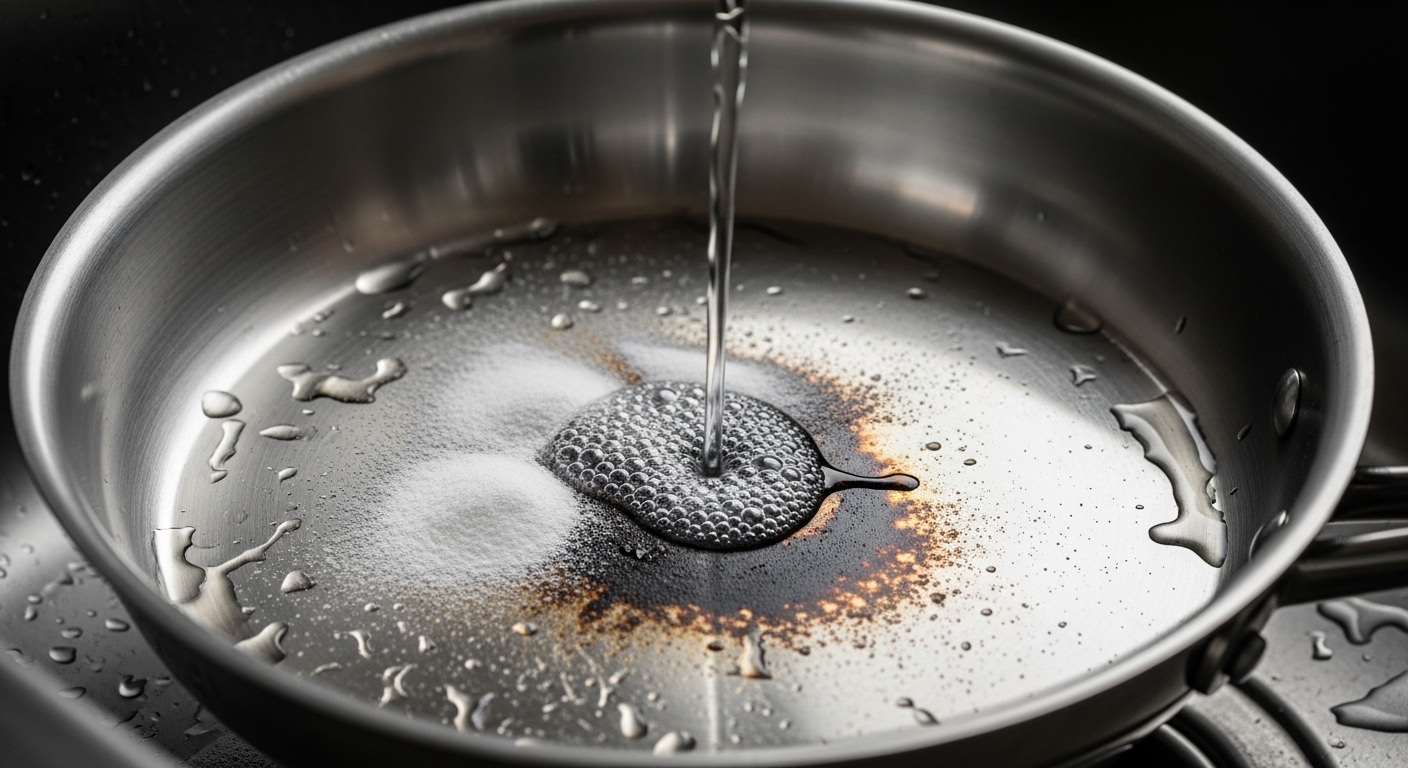 Chảo inox bẩn được làm sạch bằng baking soda và giấm tại bồn rửa, một mẹo vặt nhà bếp đơn giản mà hiệu quả.