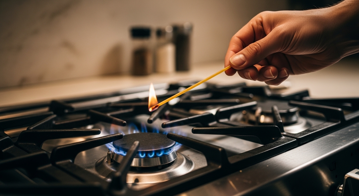 Tay dùng sợi mì spaghetti khô để mồi lửa bếp ga.