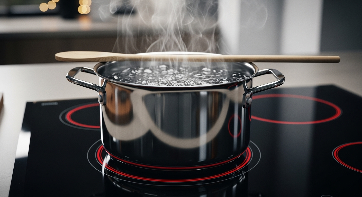 Nồi inox trên bếp từ với nước sôi lăn tăn và muỗng gỗ gác ngang. Hình ảnh hữu ích cho các mẹo vặt nội trợ hàng ngày.