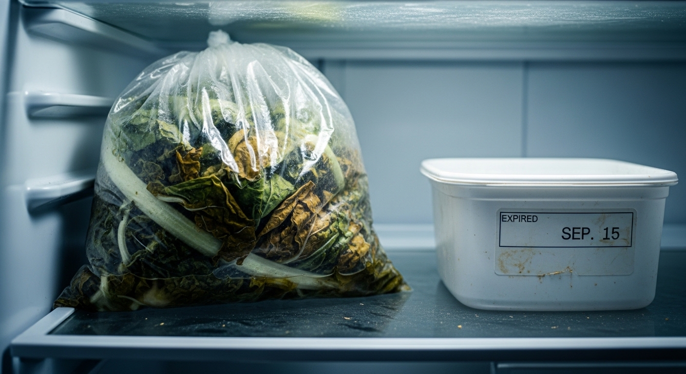 Túi rau củ héo úa bị lãng quên trong góc tủ lạnh lộn xộn, minh họa tầm quan trọng của cách sắp xếp tủ lạnh khoa học để tránh lãng phí và bảo quản thực phẩm hiệu quả.