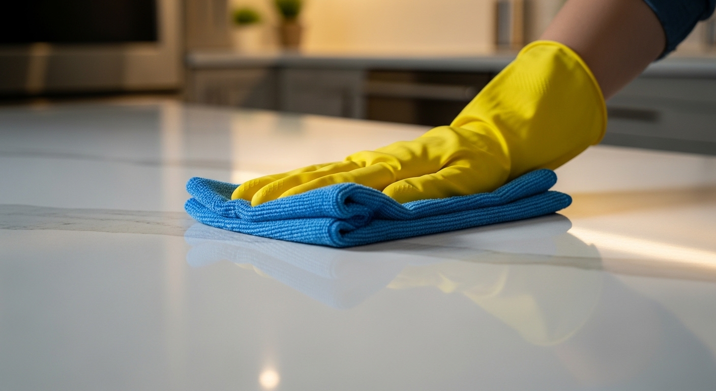 Bàn tay đeo găng vàng dùng khăn microfiber xanh lau sạch bóng mặt bếp, minh chứng cho các mẹo vặt lau dọn nhà cửa hiệu quả.