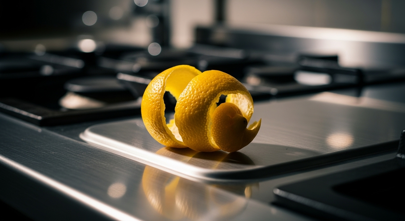 Chụp cận cảnh vỏ chanh vàng tươi trên bếp inox sáng bóng, gợi ý mẹo dọn nhà bếp luôn sạch sẽ tự nhiên.