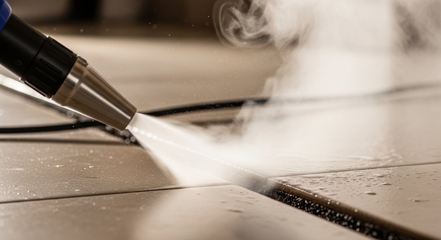 Vòi máy xịt hơi nước phun mạnh làm sạch ron gạch bám bẩn cứng đầu, giúp vệ sinh ron gạch hiệu quả và sáng bóng.