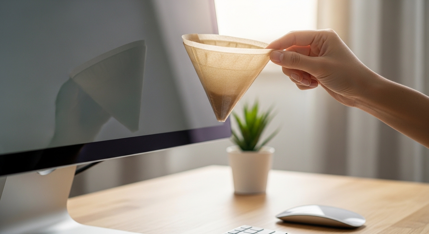 dùng màng lọc cà phê khô lau nhẹ nhàng màn hình máy tính hiện đại trên bàn làm việc gọn gàng.