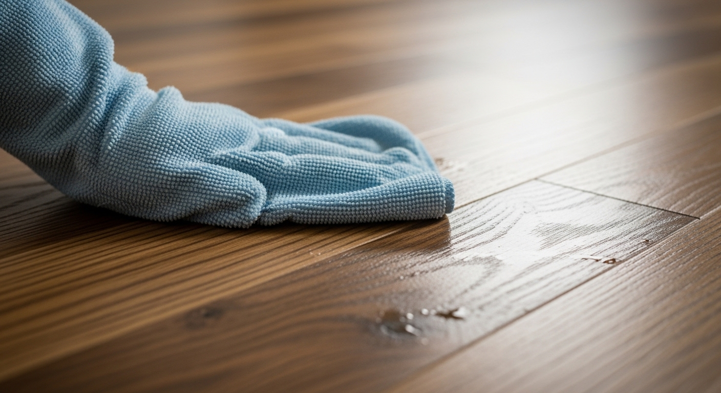 Cận cảnh khăn microfiber ẩm nhẹ nhàng lau sạch sàn gỗ tự nhiên sáng bóng, gợi ý cách lau nhà nhanh và sạch hiệu quả.