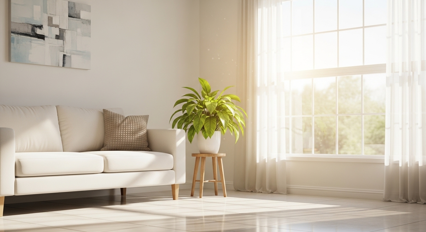 Phòng khách tối giản, sàn gạch sáng bóng tinh tươm dưới ánh nắng tự nhiên, minh họa hoàn hảo cho mẹo lau nhà sạch hiệu quả.