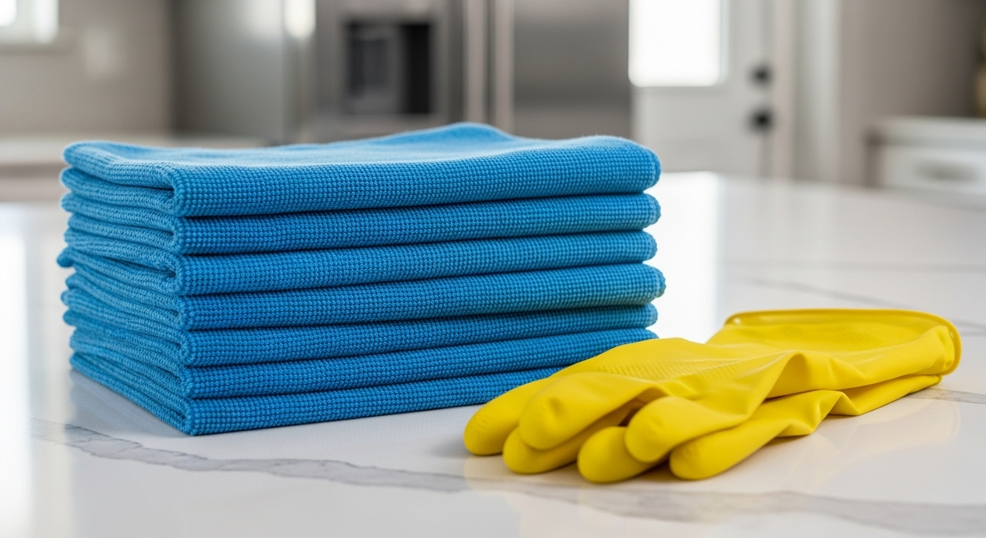Khăn lau microfiber màu xanh gấp gọn và găng tay cao su màu vàng đặt trên bàn bếp sạch, chuẩn bị sẵn sàng cho mẹo dọn dẹp nhà cửa hiệu quả.