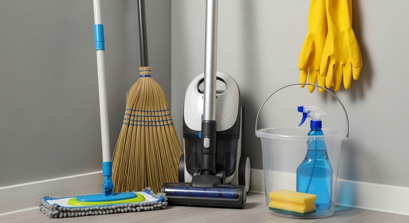 Dụng cụ lau dọn nhà cửa sắp xếp gọn gàng trong góc tiện ích, bao gồm cây lau nhà, chổi, máy hút bụi và xô, sẵn sàng áp dụng mẹo vặt lau dọn nhà cửa nhanh gọn.