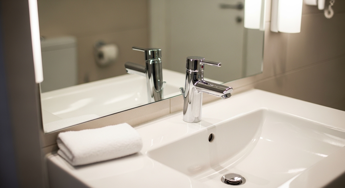 Gương phòng tắm trong vắt phản chiếu không gian gọn gàng, với vòi crom sáng bóng và bồn sứ trắng tinh không vết nước, cùng khăn sạch gấp gọn, minh họa cách vệ sinh nhà cửa hiệu quả để có một không gian sạch sẽ. Gương phòng tắm trong vắt phản chiếu không gian gọn gàng, với vòi crom sáng bóng và bồn sứ trắng tinh không vết nước, cùng khăn sạch gấp gọn, minh họa cách vệ sinh nhà cửa hiệu quả để có một không gian sạch sẽ.