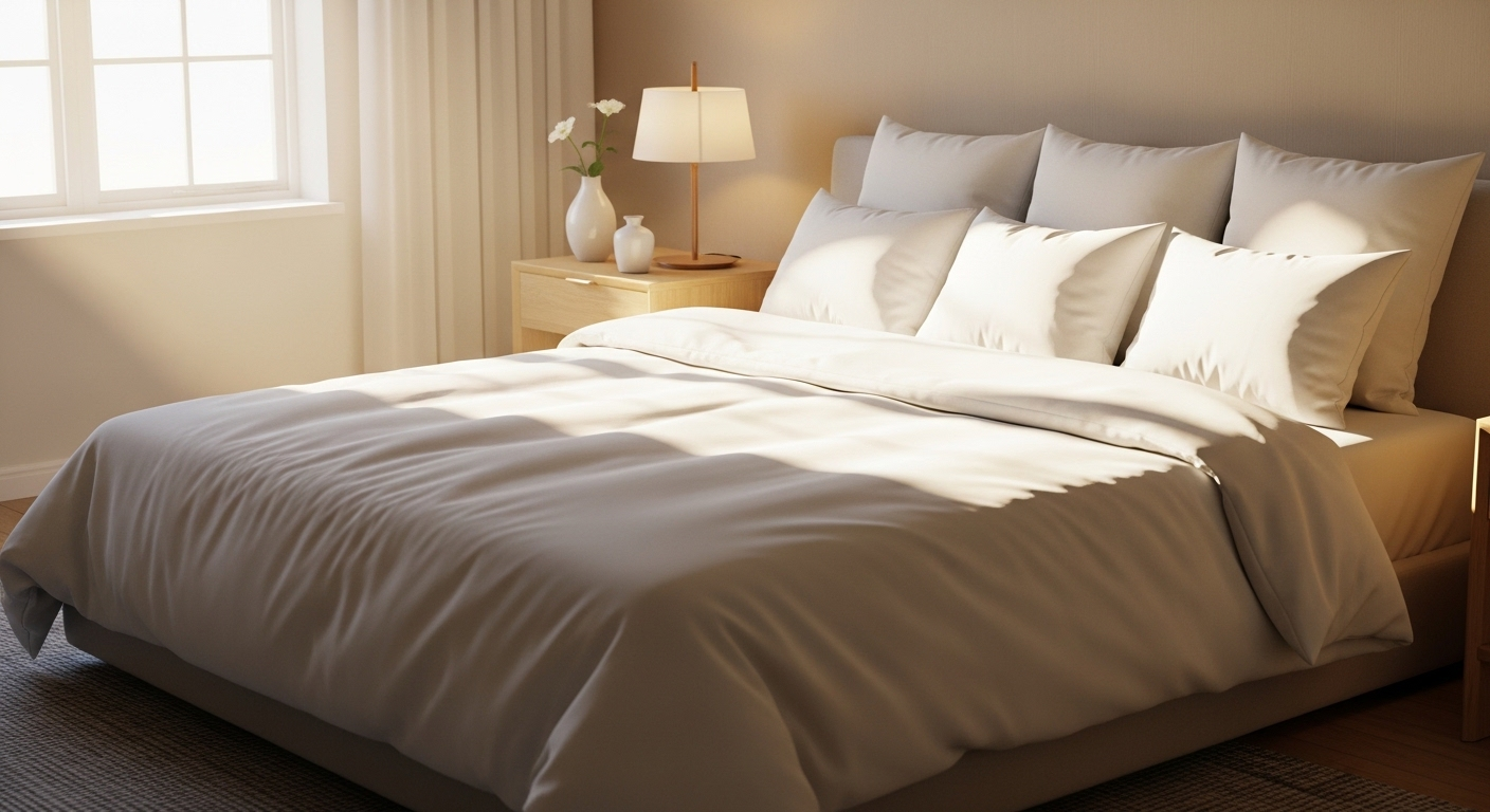 Phòng ngủ thanh bình với giường được dọn gọn gàng, ga trải trắng tinh dưới ánh nắng, thể hiện hiệu quả của cách dọn dẹp nhà cửa mang lại không gian thư thái.