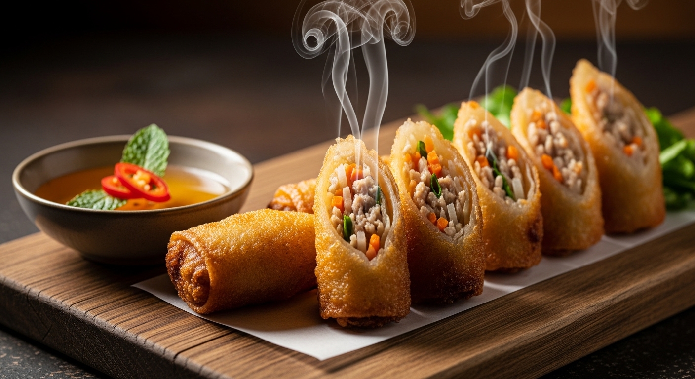 Những chiếc chả giò chiên vàng giòn, bốc hơi nghi ngút, xếp gọn trên thớt gỗ mộc cùng chén nước chấm. Món ăn hấp dẫn nhờ mẹo vặt cho bà nội trợ để có bữa cơm ngon chuẩn vị.