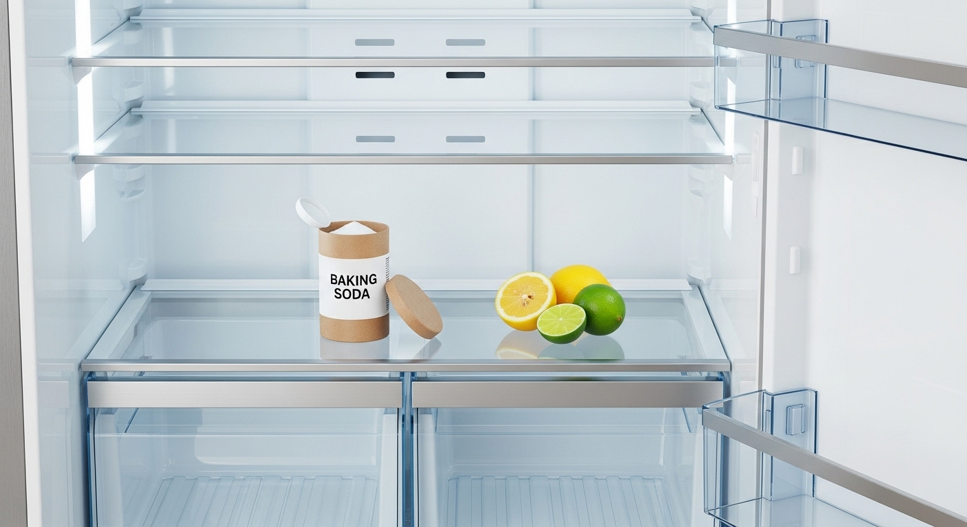 Tủ lạnh sạch tinh tươm, sáng bóng với baking soda và lát cam quýt, minh họa mẹo vặt dọn nhà ngày tết giúp khử mùi hiệu quả.
