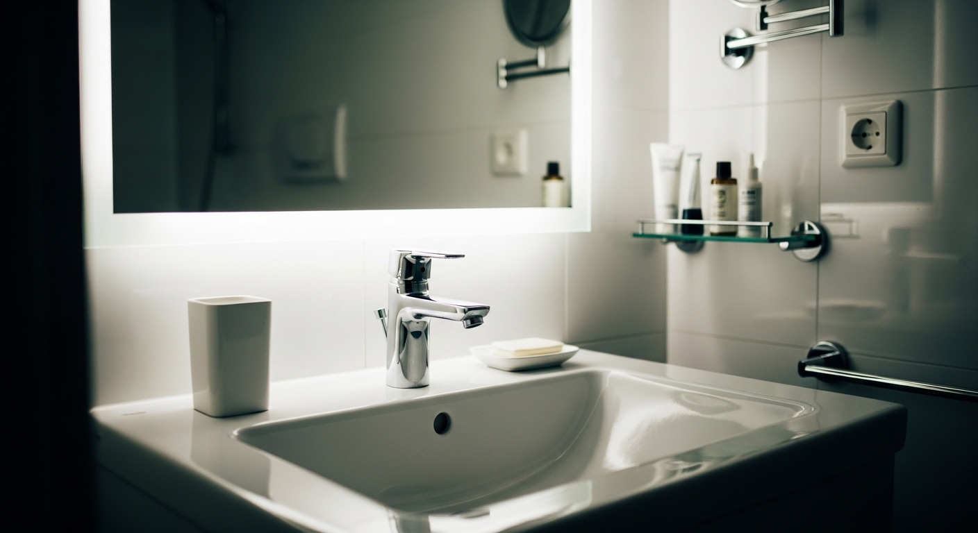 Phòng tắm hiện đại sạch sẽ tinh tươm, với bồn rửa trắng sứ và vòi chrome lấp lánh, là hình ảnh lý tưởng sau khi dọn nhà đón Tết.