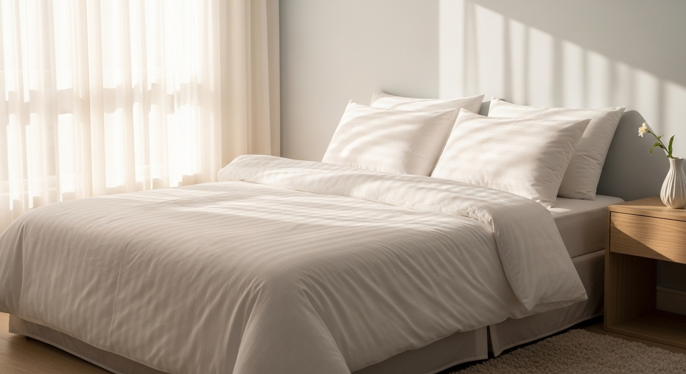 Phòng ngủ sạch tinh tươm, giường ngủ gọn gàng với ga trải trắng phẳng phiu và bàn đầu giường không bụi trong ánh nắng dịu nhẹ. Minh họa hoàn hảo cho mẹo vặt dọn dẹp nhà cửa hiệu quả.