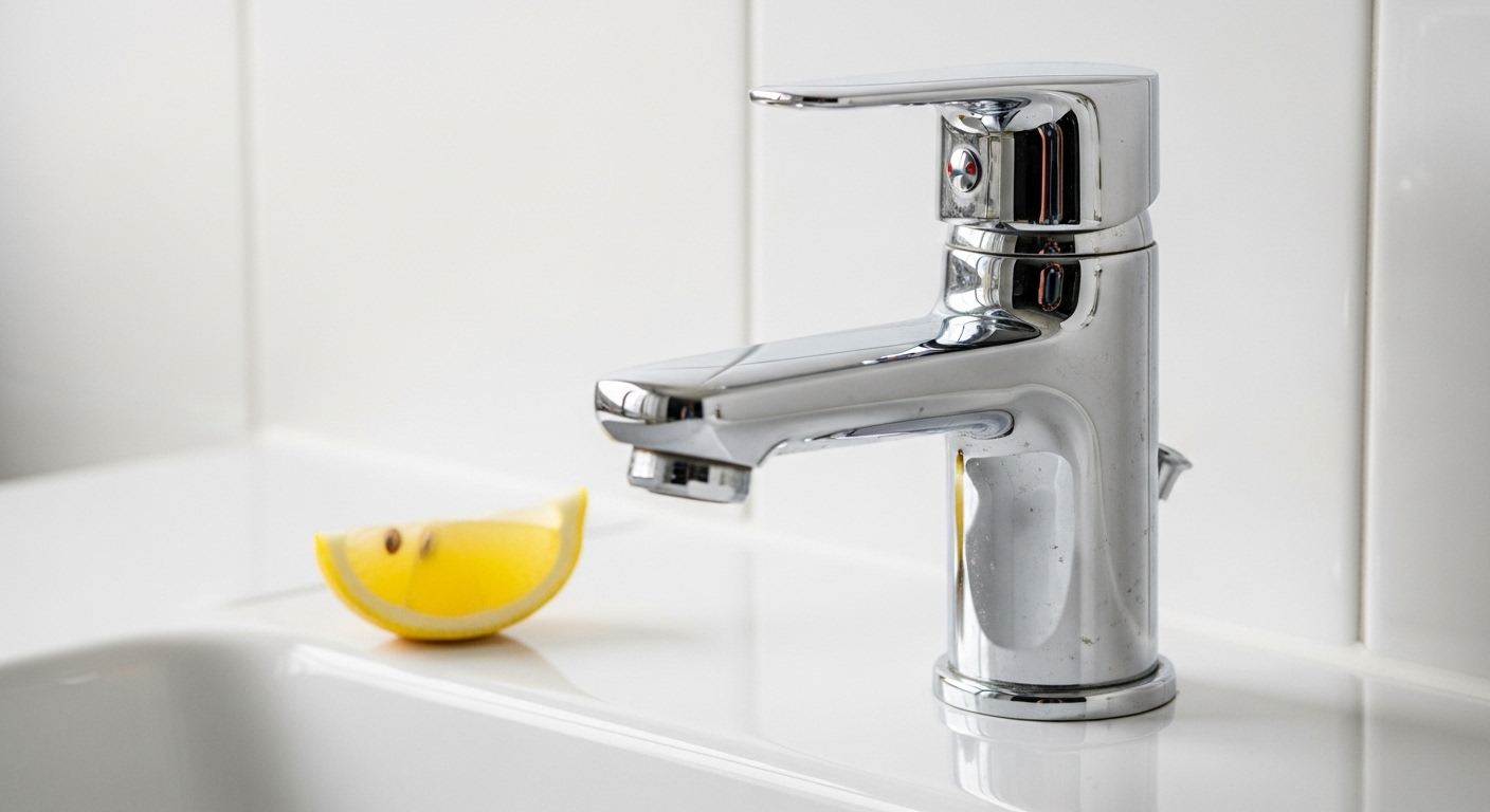 Vòi nước bạc sáng bóng không tì vết trên gạch men trắng tinh khiết, điểm xuyết lát chanh vàng tươi. Hình ảnh gợi cảm hứng cho việc làm sạch nhà cửa trước Tết để có không gian tinh tươm, sạch sẽ.