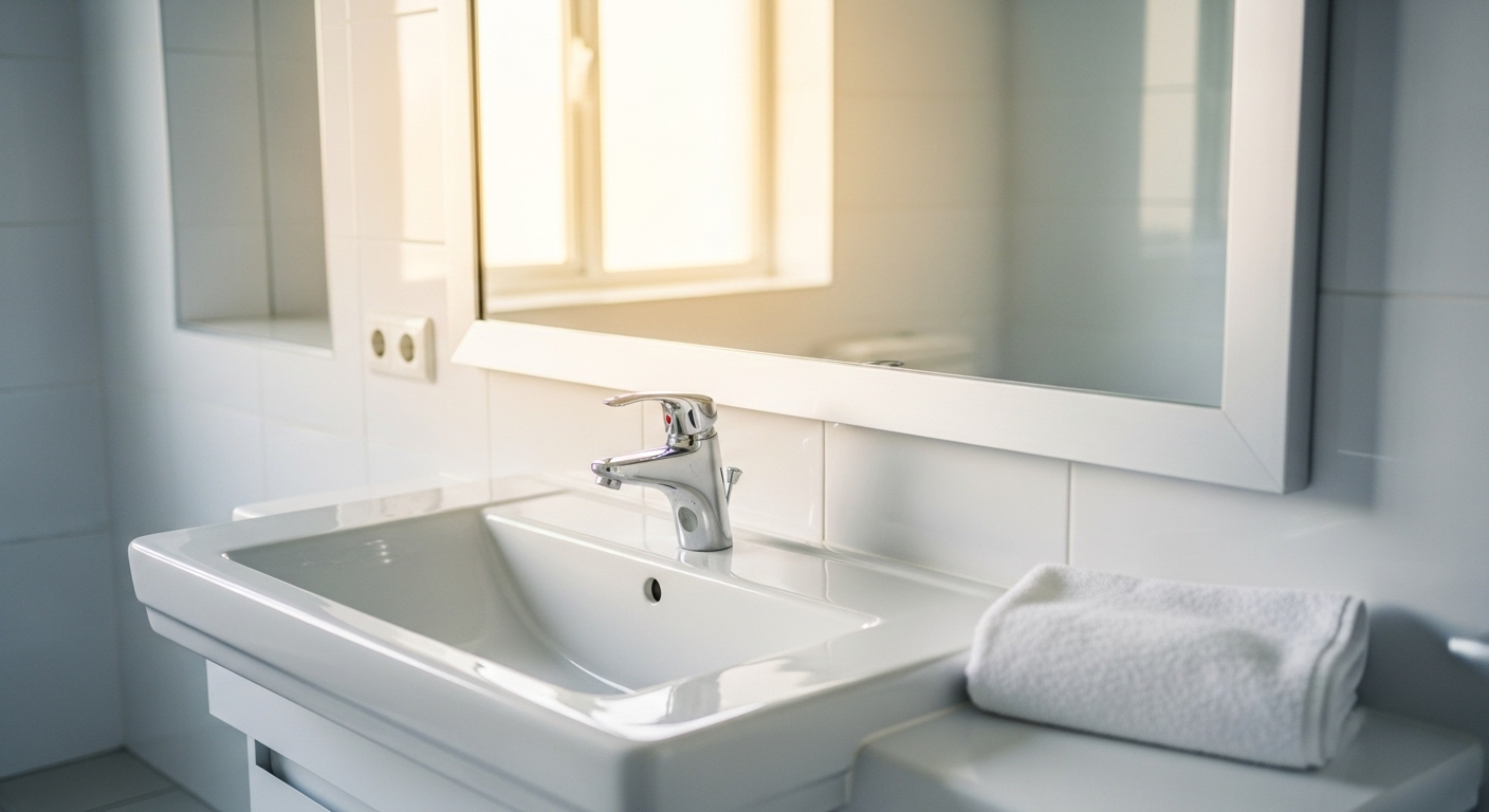 Phòng tắm sáng sủa, gương không tì vết và bồn rửa sáng bóng, thể hiện hiệu quả của cách dọn dẹp và vệ sinh nhà mới.