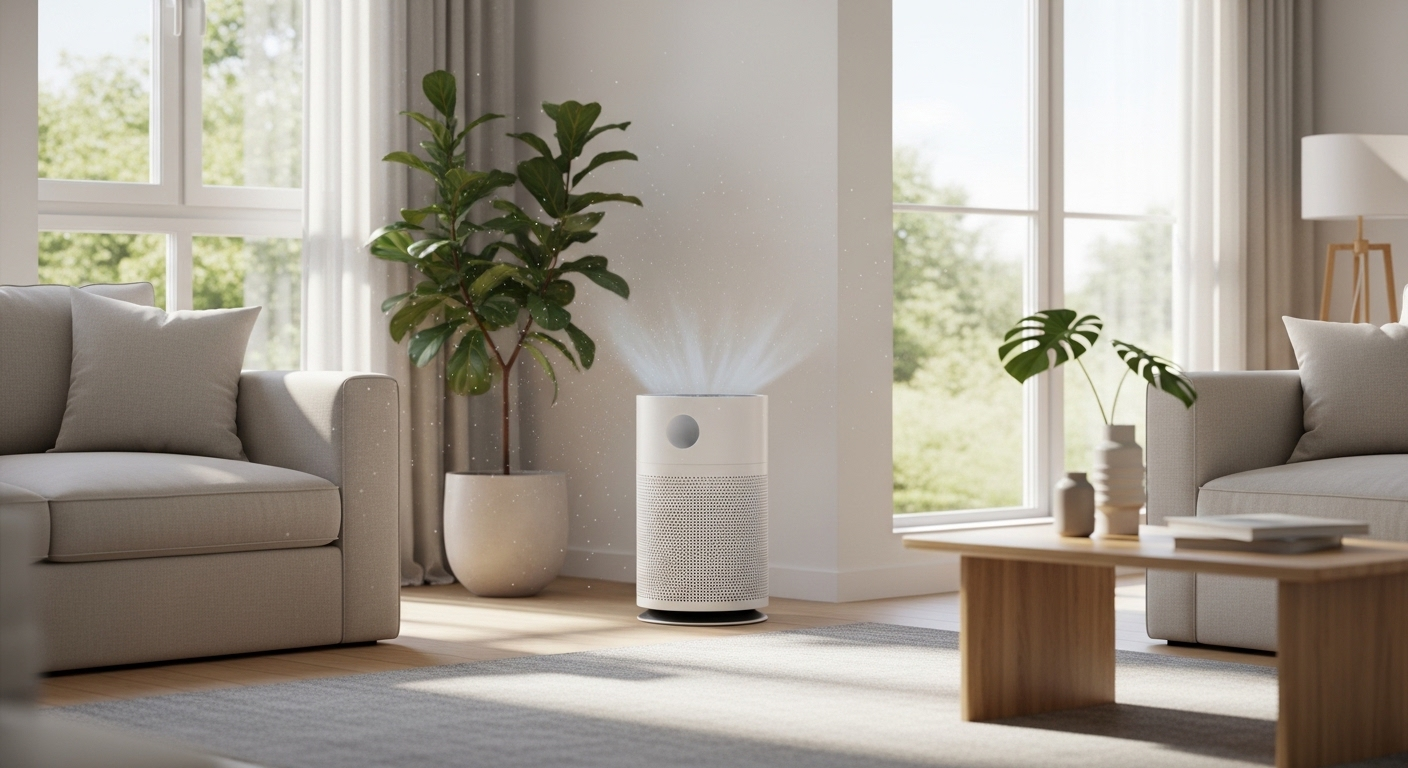 Máy lọc không khí hiện đại màu trắng trong phòng khách tràn ngập nắng, gọn gàng, là một trong những mẹo giữ nhà sạch lâu và không khí trong lành.