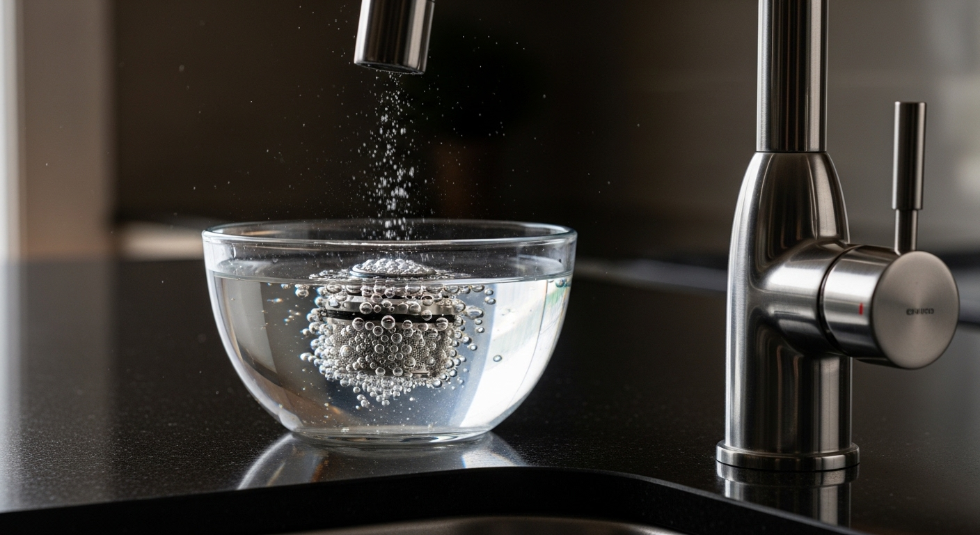 Lưới lọc vòi nước đang được ngâm trong bát giấm trắng sủi bọt, giúp loại bỏ cặn bẩn và vệ sinh vòi nước hiệu quả.