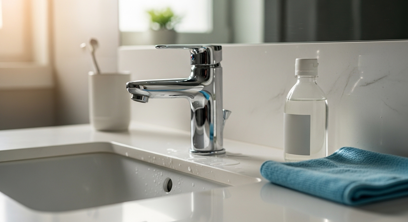 Bồn rửa mặt sạch tinh tươm, vòi nước mạ crom sáng bóng trên bàn trang điểm trắng muốt. Bên cạnh là chai giấm trắng và khăn microfiber, gợi ý mẹo dọn nhà hiệu quả để vệ sinh phòng tắm.