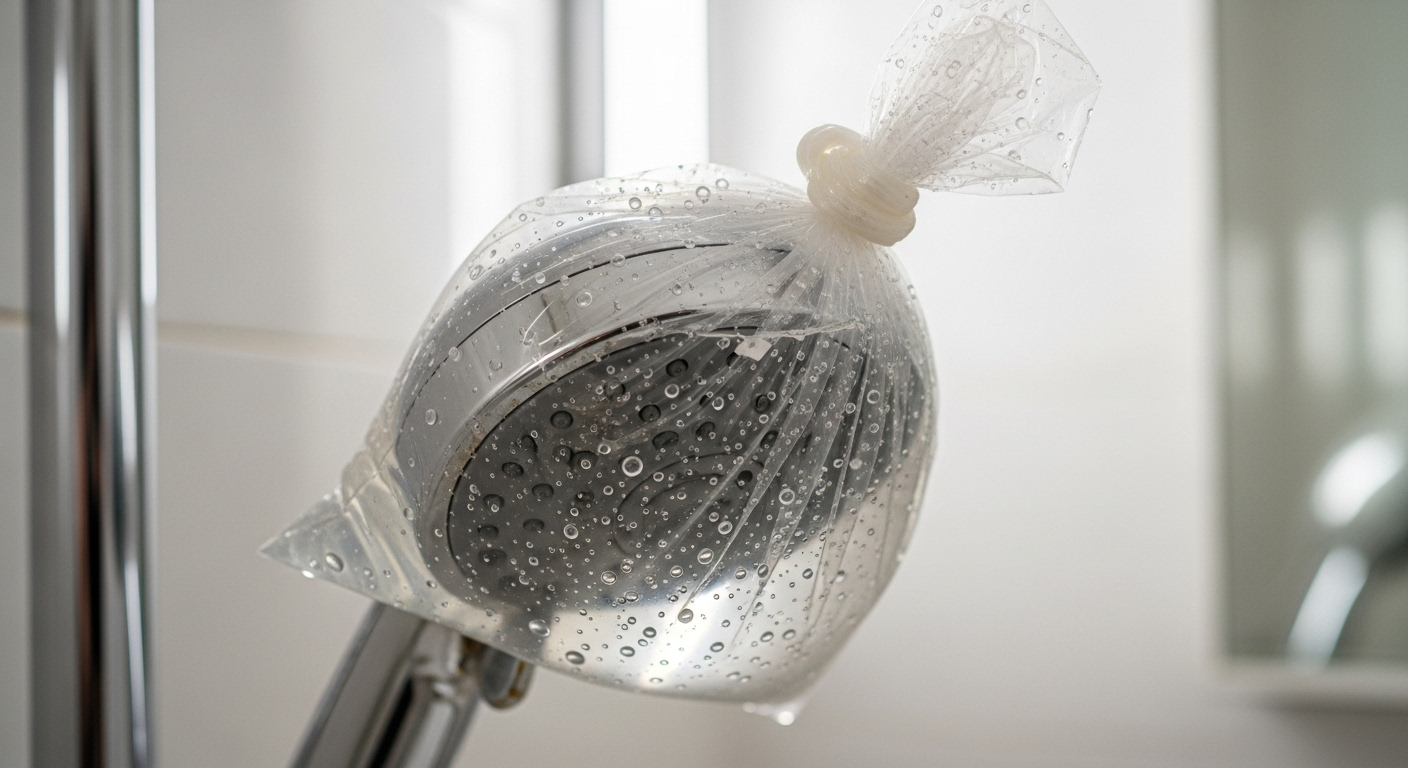 Vòi sen mạ chrome bị đóng cặn đang được làm sạch bằng dung dịch giấm trong túi nhựa, minh họa mẹo làm sạch đồ dùng trong nhà hiệu quả để loại bỏ cặn khoáng.