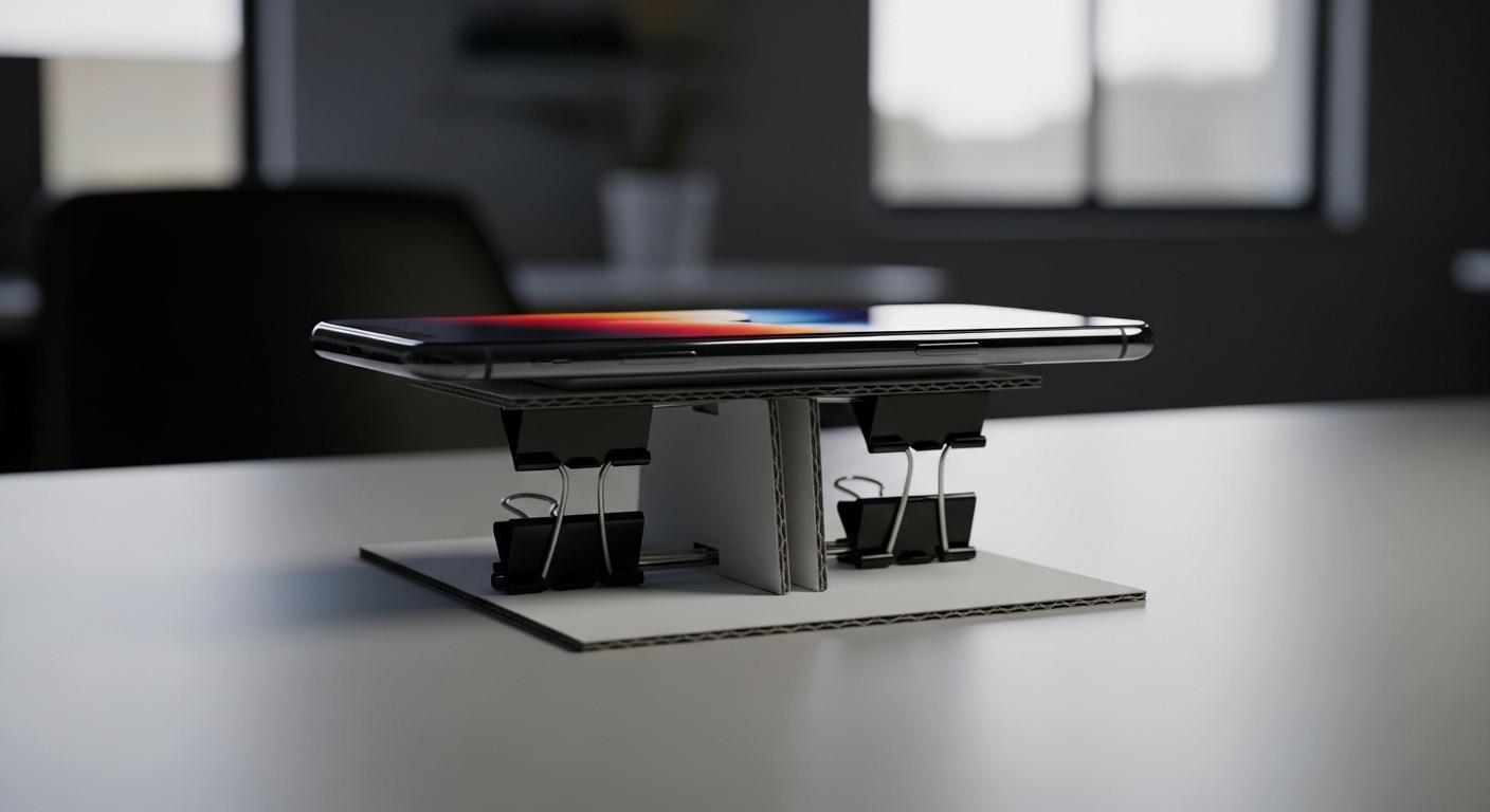 Điện thoại thông minh trên giá đỡ tự chế độc đáo từ kẹp bướm đen và bìa cứng trắng, một mẹo vặt cuộc sống hữu ích đặt trên bàn làm việc tối giản.