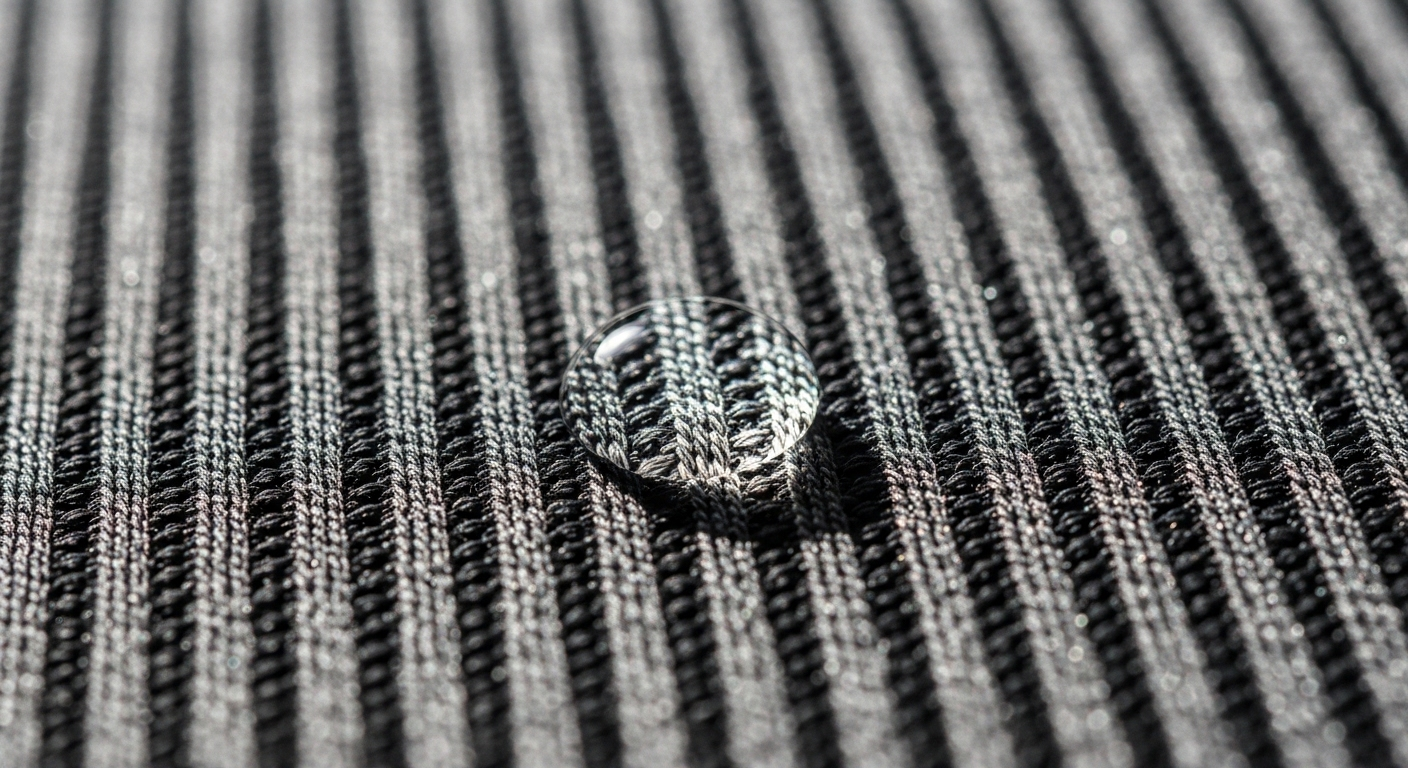 Cận cảnh sợi vải thể thao màu xám, dệt kim chặt chẽ cùng giọt nước trên bề mặt, cho thấy độ bền của chất liệu. Để duy trì hiệu suất, tìm hiểu cách giặt quần áo tập gym đúng chuẩn.