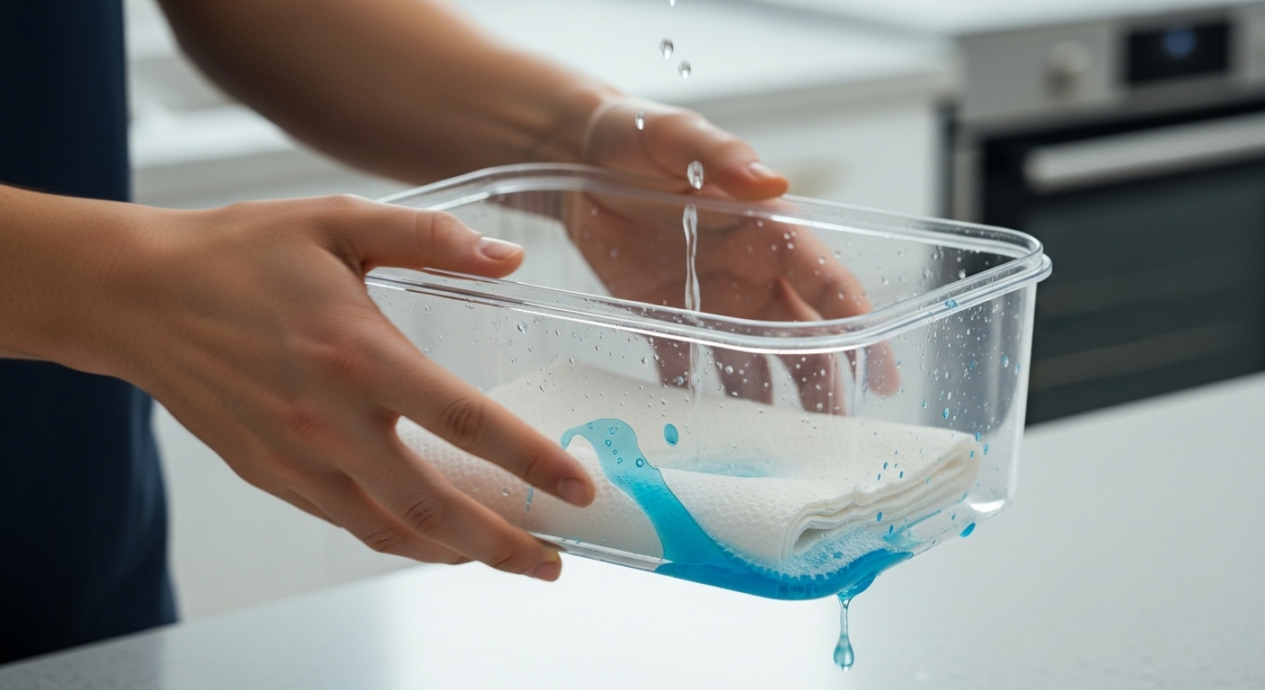 Tay đang lắc hộp nhựa đựng thức ăn chứa khăn giấy, xà phòng và nước, một mẹo vặt cuộc sống để làm sạch nhanh trong bếp. Tay đang lắc hộp nhựa đựng thức ăn chứa khăn giấy, xà phòng và nước, một mẹo vặt cuộc sống để làm sạch nhanh trong bếp.