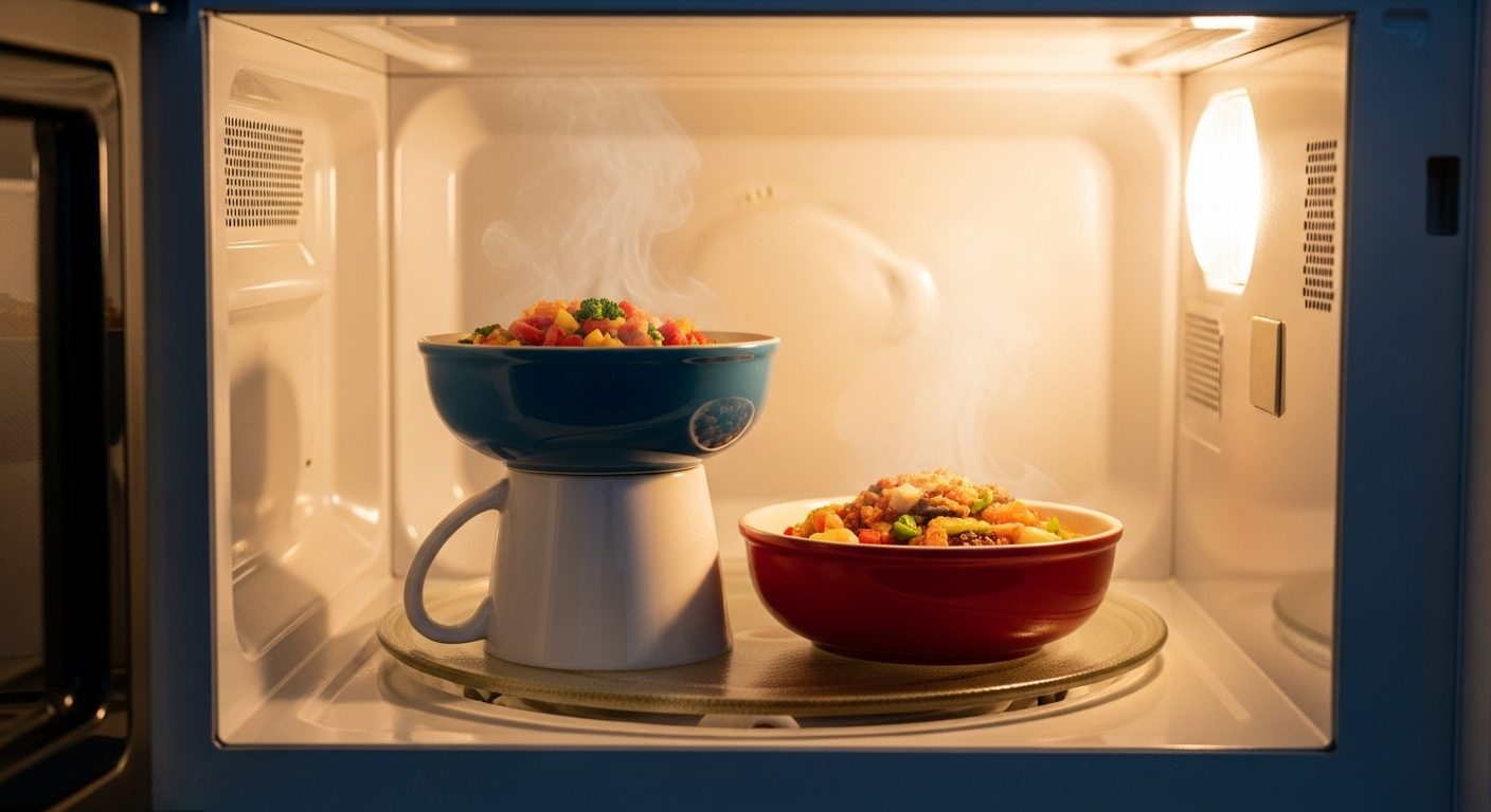 hình ảnh một lò vi sóng đang mở, bên trong có một cốc sứ trắng úp ngược đỡ bát thức ăn màu xanh, cạnh bát thức ăn màu đỏ trên đĩa quay.