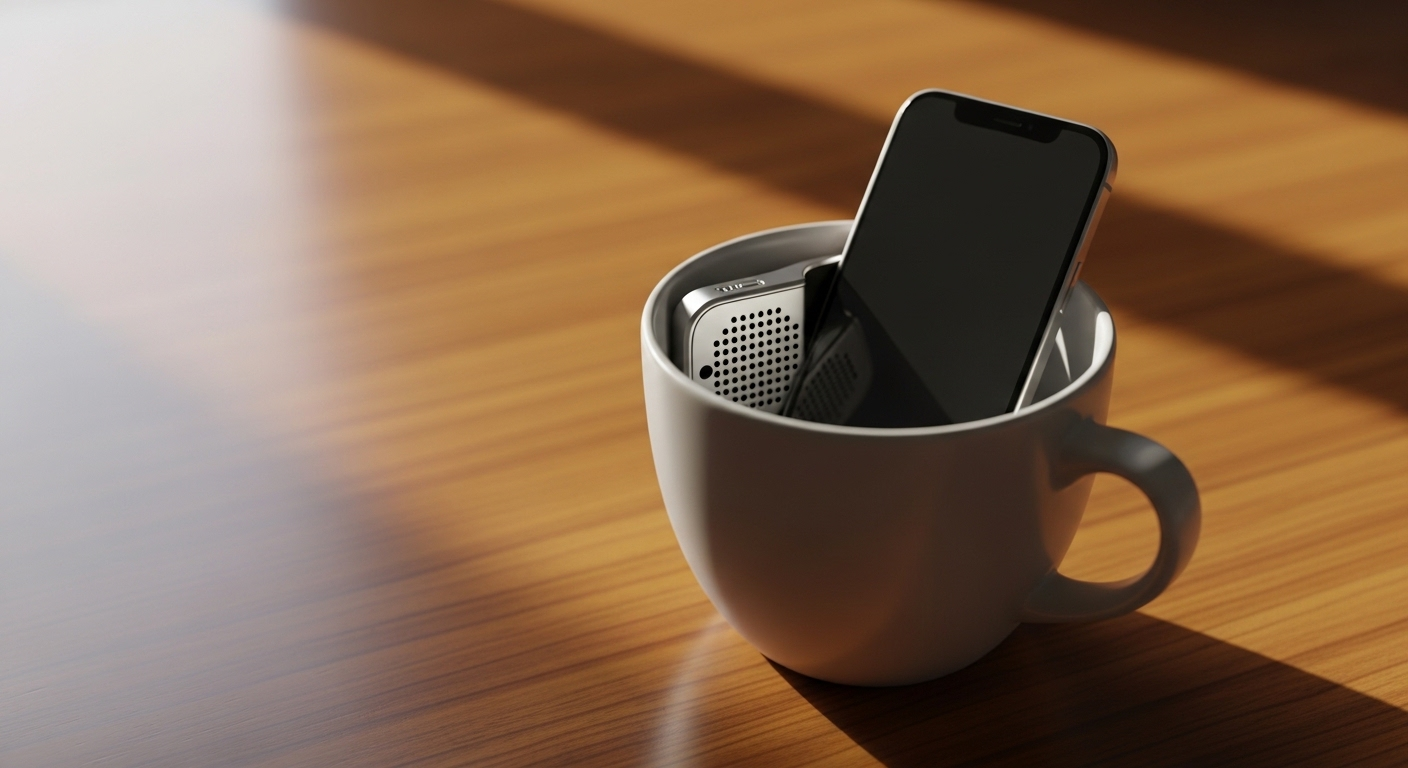 Điện thoại thông minh hiện đại đặt trong cốc cà phê gốm trên bàn gỗ để khuếch đại âm thanh.
