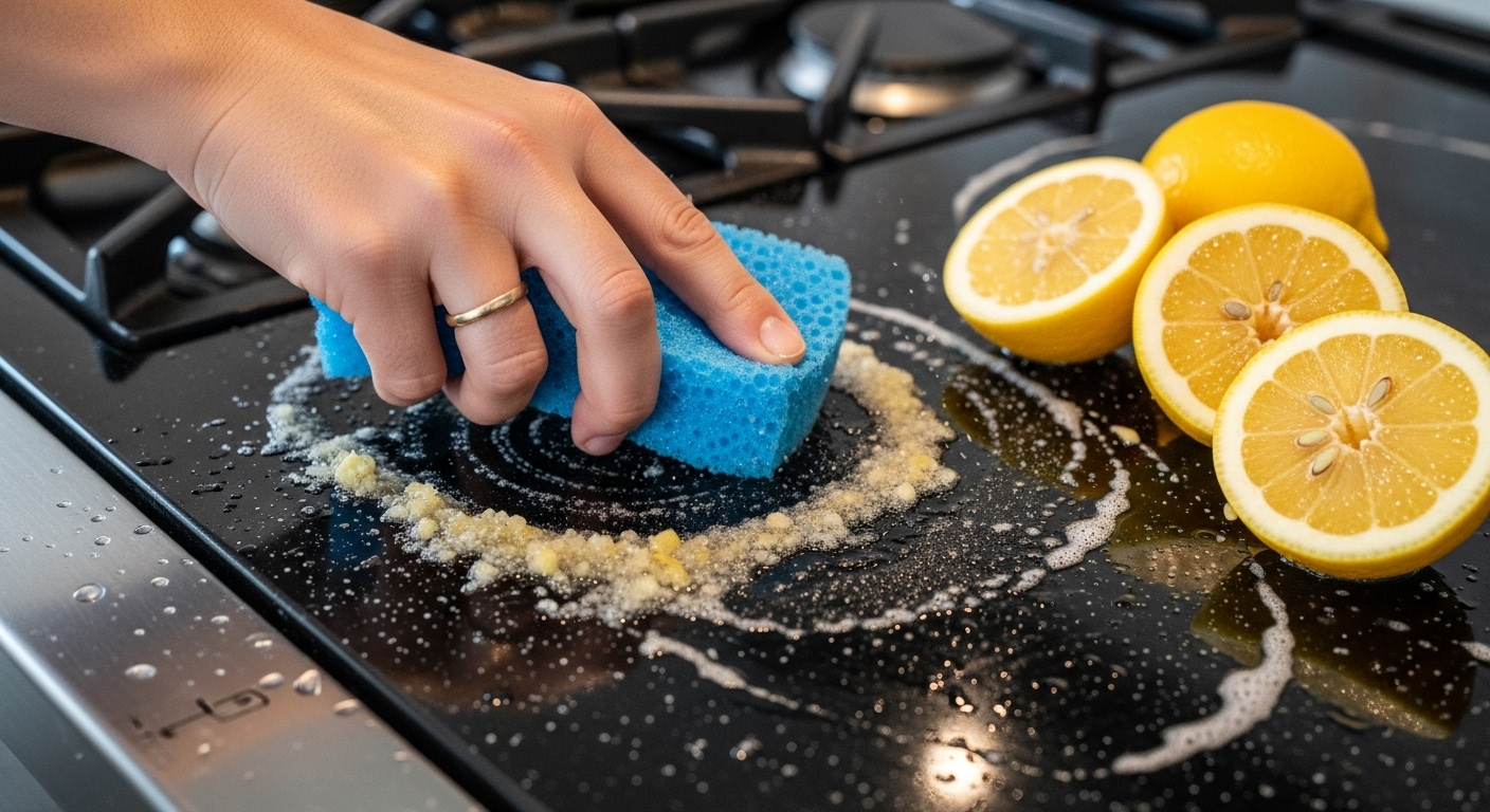 Bàn tay đang cọ rửa bề mặt bếp với chanh và muối hạt, một mẹo vặt tự nhiên hiệu quả. Khám phá thêm nhiều bí quyết gia đình hữu ích khác, như cách bảo quản thịt lợn không cần tủ lạnh.