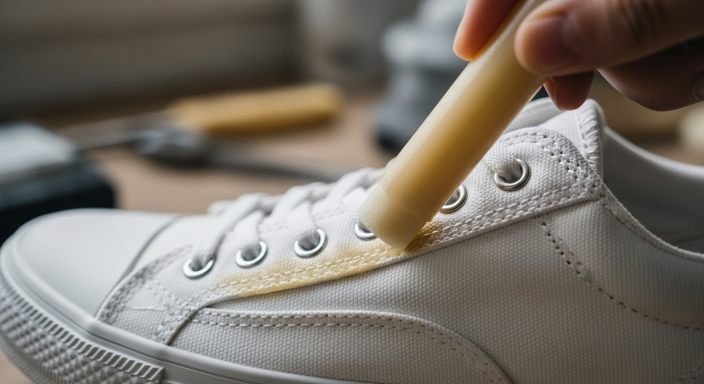 Cận cảnh phủ sáp chống thấm lên giày canvas trắng, tạo lớp màng mỏng hơi bóng, một mẹo vặt cuộc sống hữu ích giúp bảo vệ giày hiệu quả.