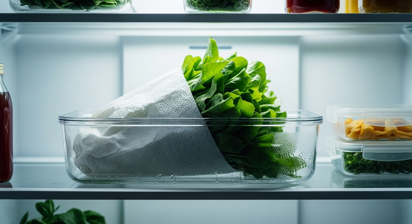 Bảo quản rau xanh tươi bằng cách gói khăn giấy ẩm và đặt trong hộp kín trên kệ tủ lạnh.