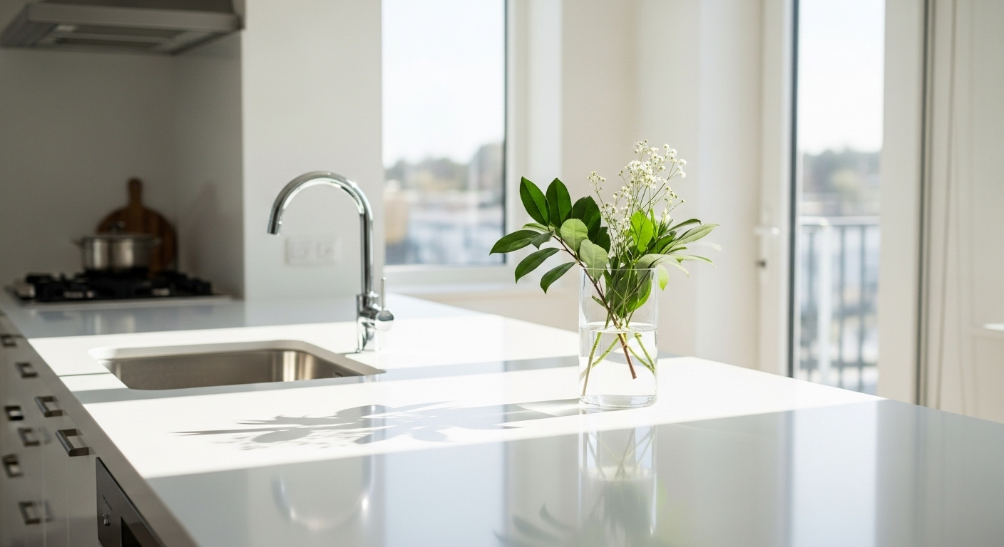 Bếp hiện đại sạch sẽ, mặt đá trắng tinh, bồn inox sáng bóng, ngập ánh sáng tự nhiên, minh chứng cho việc làm sạch không gian sống hiệu quả.