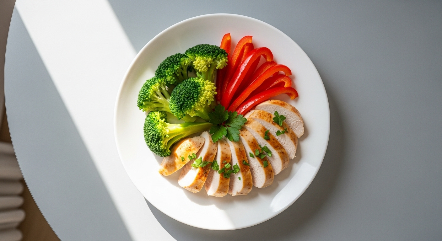 Bữa ăn lành mạnh, đầy màu sắc với ức gà, bông cải xanh hấp và ớt chuông đỏ trên đĩa sứ trắng.