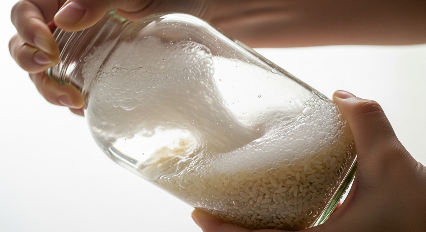 Tay đang lắc mạnh chai thủy tinh chứa gạo, nước và xà phòng, minh họa mẹo vặt cuộc sống giúp làm sạch đồ dùng hiệu quả.