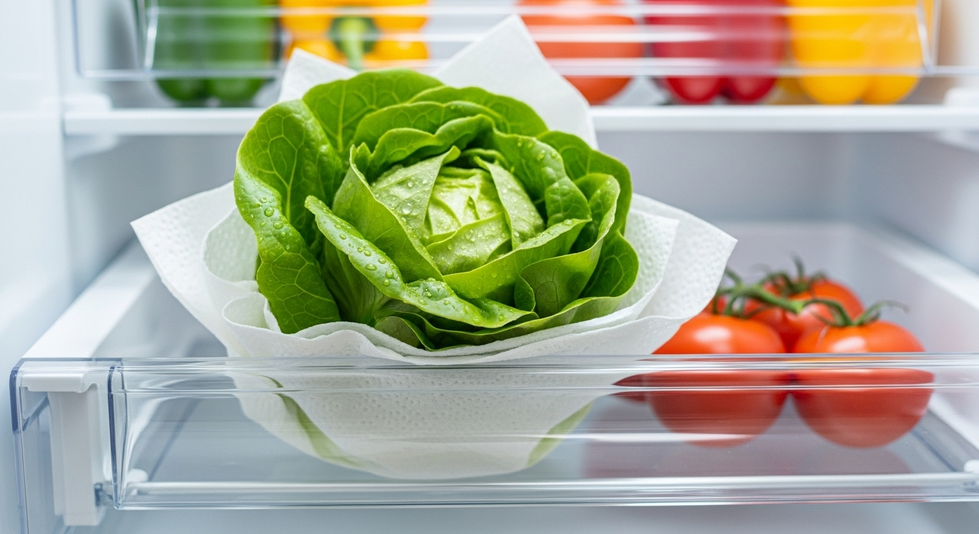 Rau xà lách xanh tươi giòn bọc khăn giấy trắng, đặt trong ngăn tủ lạnh trong suốt với vài giọt nước. Mẹo vặt bảo quản rau giữ tươi lâu hiệu quả.