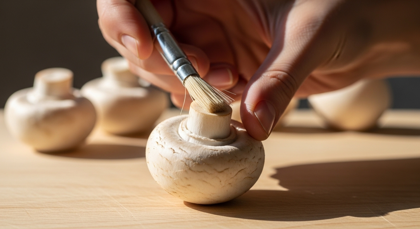 Bàn tay dùng bàn chải mềm làm sạch nấm mỡ tươi trên thớt gỗ.