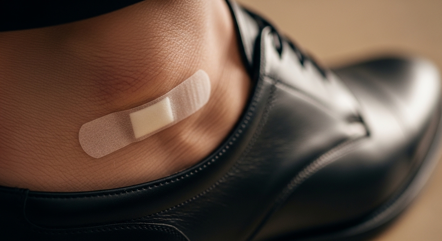 Cận cảnh gót chân với miếng dán bảo vệ nhỏ, màu sáng, được dán gọn gàng để chống ma sát, tránh phồng rộp khi mang giày mới. Đây là một mẹo vặt cuộc sống giúp bạn thoải mái hơn, với chiếc giày da sành điệu mờ ảo ở hậu cảnh.