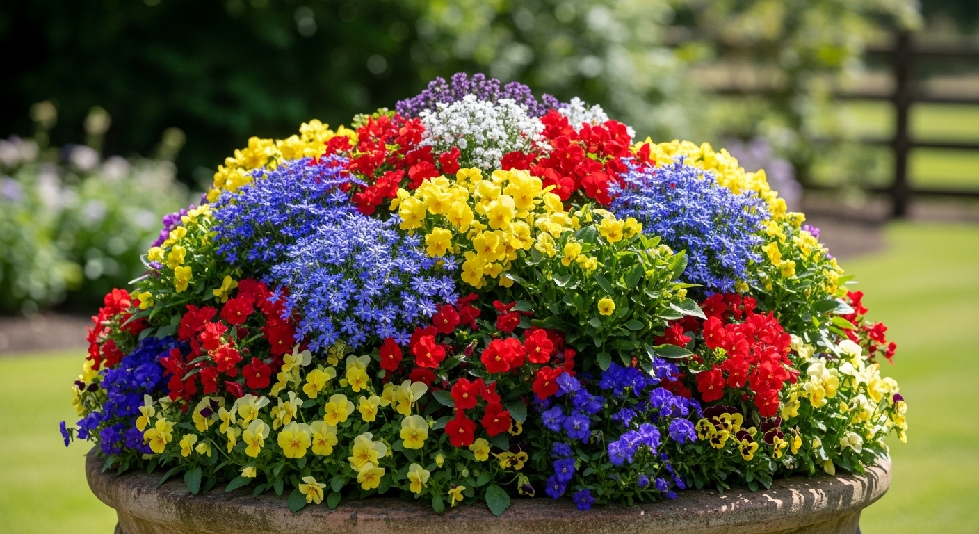 Chậu cây cảnh hình kim cương với hoa rực rỡ và lá xanh tươi dưới ánh nắng tự nhiên, một mẹo vặt cuộc sống giúp không gian thêm tươi đẹp.