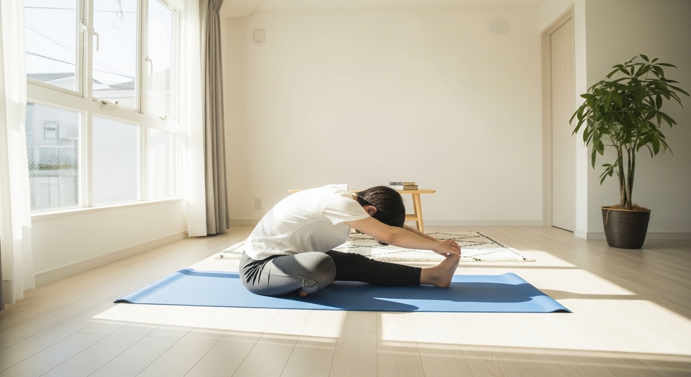 Người tập giãn cơ nhẹ nhàng trên thảm yoga trong phòng khách tràn ngập ánh nắng, tạo không gian sống thư thái và bình yên.