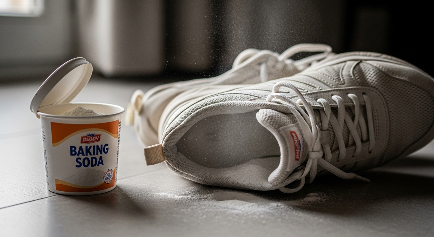 Cả hai lựa chọn đều mô tả chính xác hình ảnh (giày thể thao, baking soda bên trong, màu sắc giày) và tích hợp tự nhiên từ khóa 