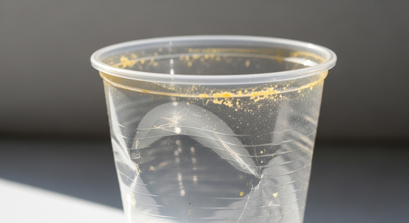 Cận cảnh cốc nhựa nhẹ rỗng, biến dạng và đổi màu nhẹ vành miệng, thân cốc do từng dùng làm cốc đựng nước sôi.