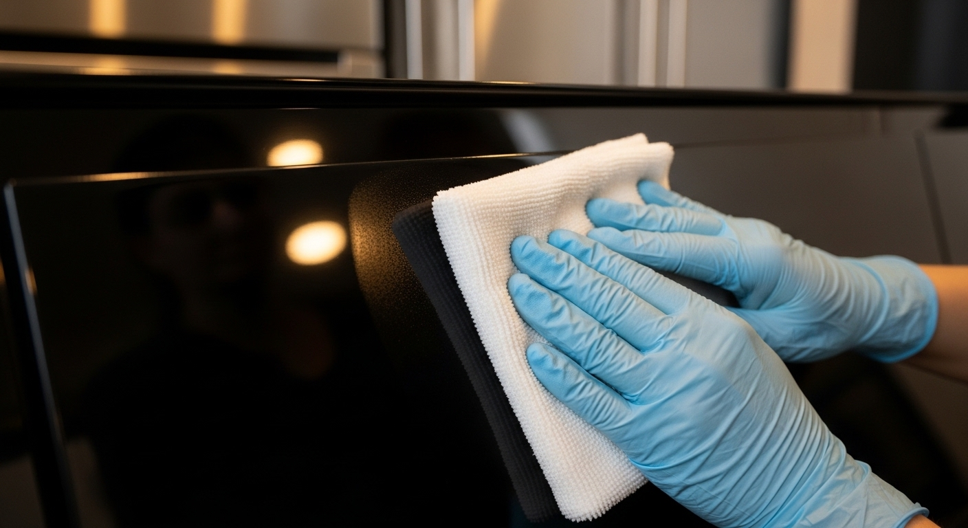 Đôi tay đeo găng tỉ mỉ lau sạch tủ bếp màu tối, mang lại bề mặt bóng loáng không vết. Minh họa vệ sinh nhà bếp chuyên nghiệp.