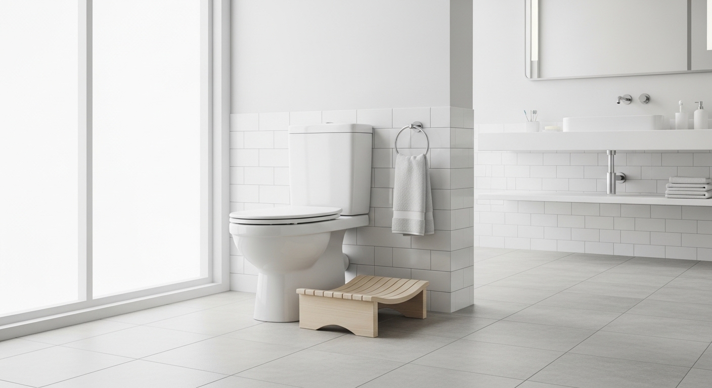 Bồn cầu hiện đại và ghế kê chân công thái học trong phòng tắm sạch sẽ, hỗ trợ tư thế tốt cho sức khỏe đường ruột, giúp việc đi vệ sinh hiệu quả và giải đáp thắc mắc đi vệ sinh trong bao lâu là hợp lý.