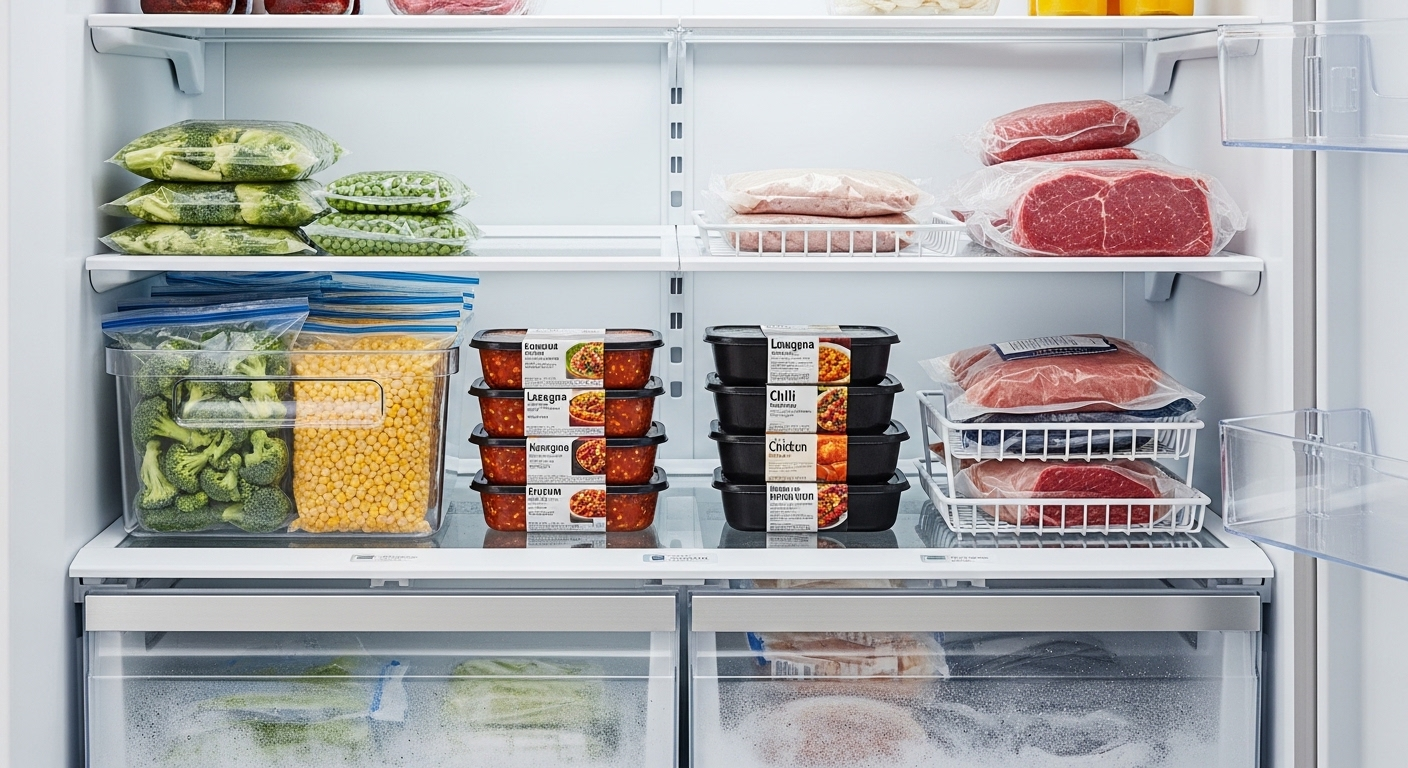 Bên trong tủ đông gia đình được sắp xếp gọn gàng, đầy ắp thực phẩm đông lạnh từ rau củ đến bữa ăn chế biến sẵn, thể hiện cách bảo quản hiệu quả. Việc quản lý tủ lạnh tốt như vậy cũng liên quan đến nhiều mẹo hữu ích, bao gồm cả mẹo bỏ đồng xu vào tủ lạnh.