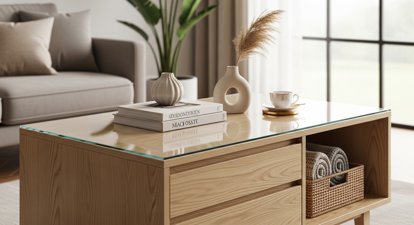 Bàn cà phê hiện đại gỗ sáng màu, đa năng với ngăn kéo và kệ, là giải pháp hoàn hảo thay thế đồ nội thất lỗi thời cho phòng khách.