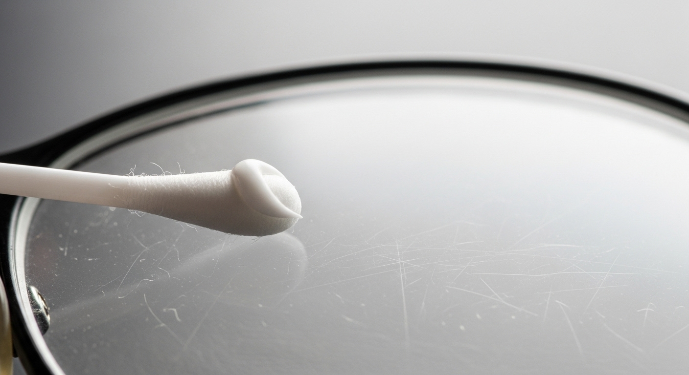 Cận cảnh tăm bông sạch với kem đánh răng trắng chuẩn bị áp dụng lên tròng kính bị trầy xước, minh họa mẹo xử lý kính trầy xước.
